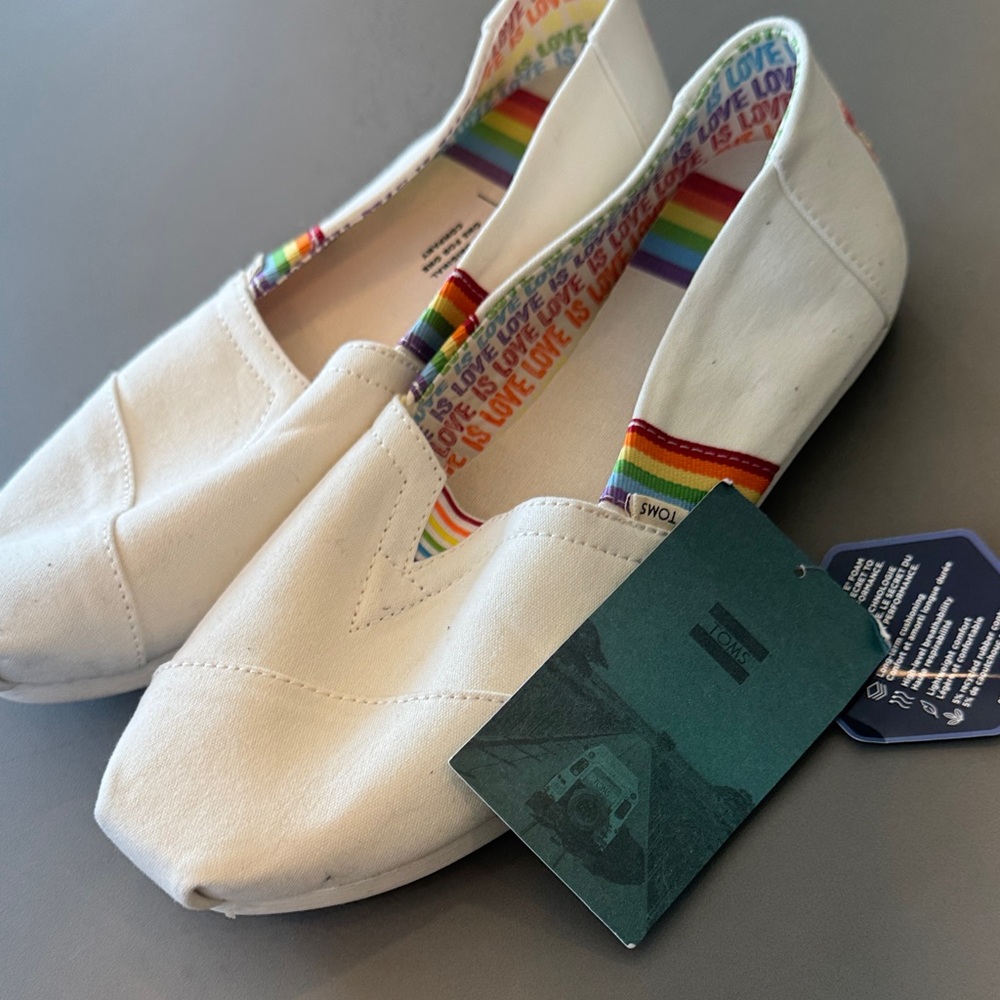 Toms White Slip-On Flats with Rainbow Trim